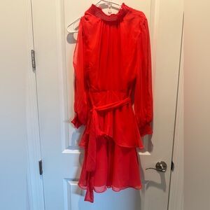 Alex Marie Vibrant Red, Long Sleeve Mock Neck Tie Waist A-Line Dress, Sz 4